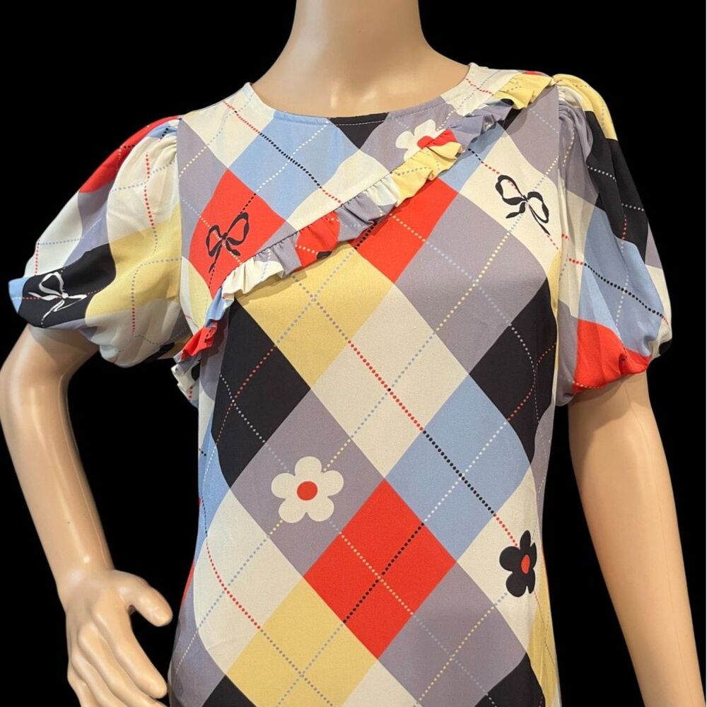 Lisa Says Gah Teagan Dress Multicolor Cirque Argyle Whimsical Pattern Sz S - Picture 3 of 9